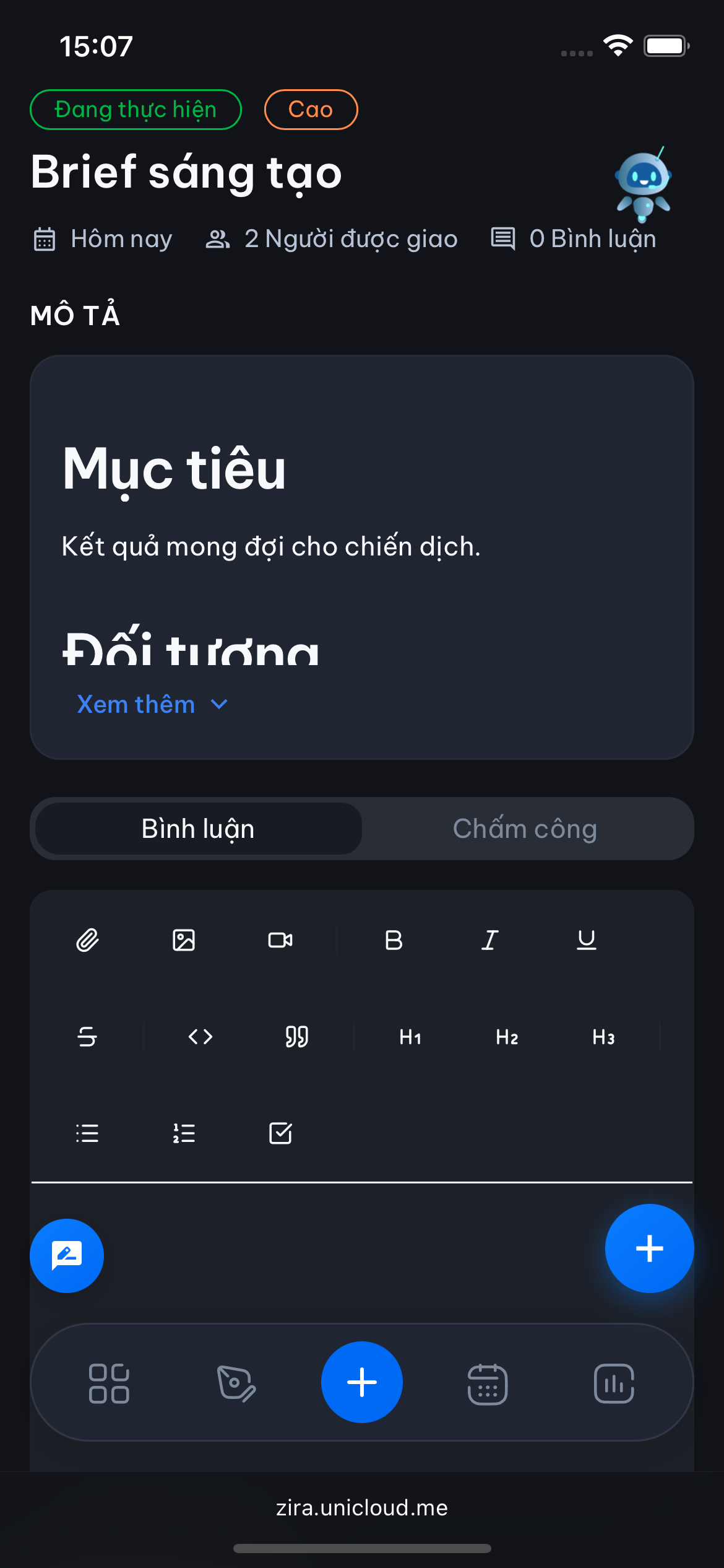 Trang chi tiết nhiệm vụ Zira với mô tả, người được giao và bình luận